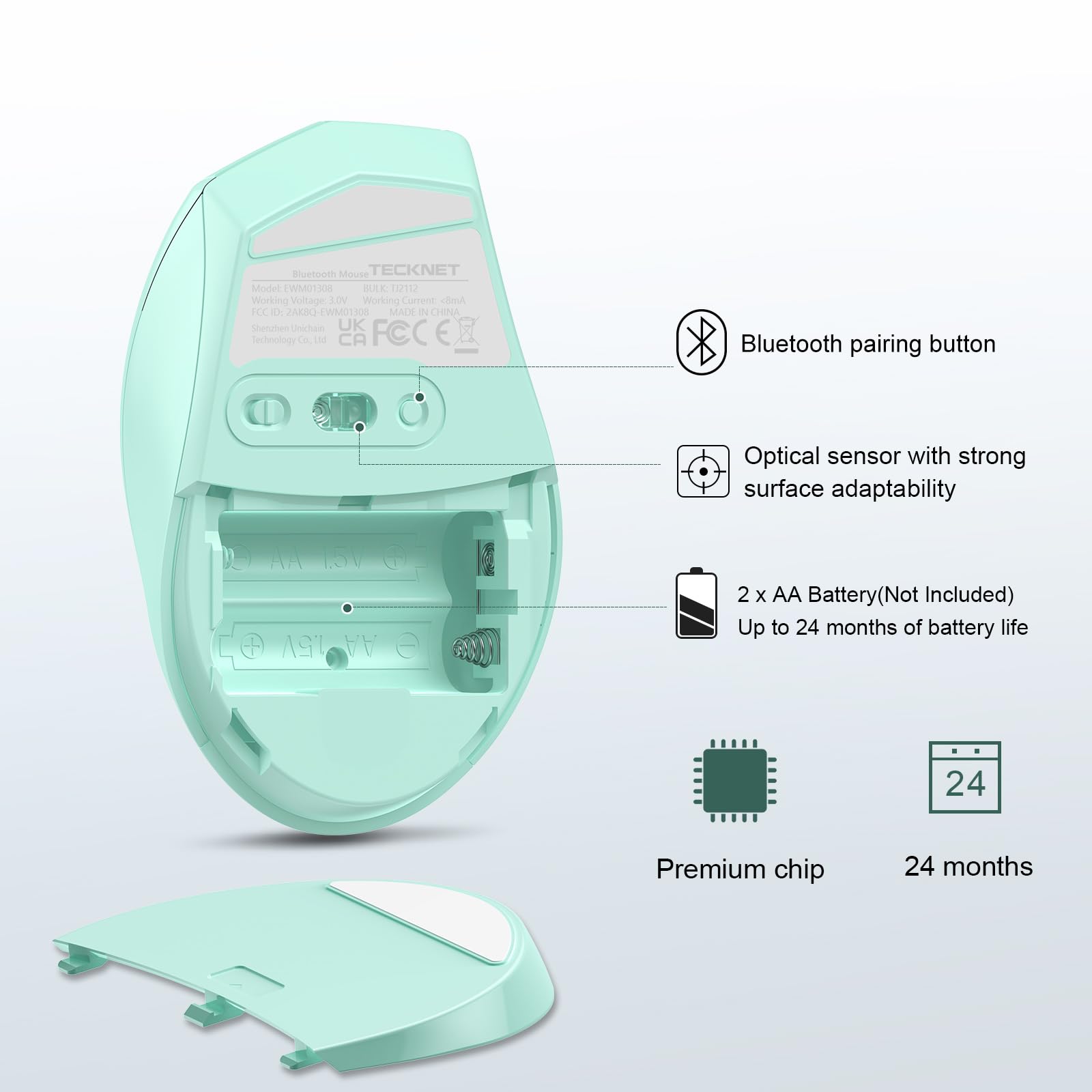 TECKNET Bluetooth Mouse, 4800 DPI Wireless Mouse, 2-Year Battery Computer Mouse 6 Adjustable DPI, 6 Buttons Compatible with Laptop/Windows/Computer