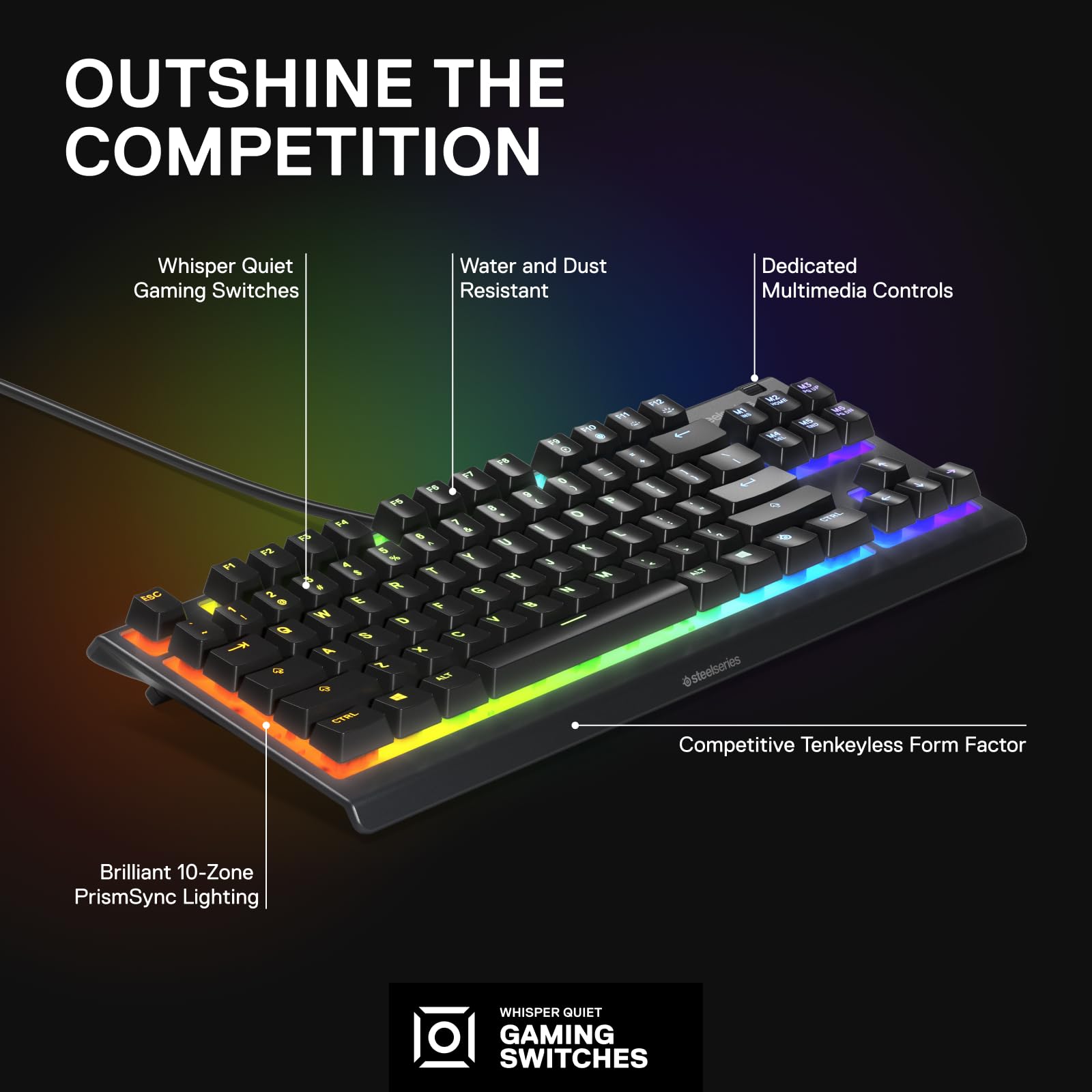 SteelSeries Apex 3 RGB Gaming Keyboard – 10-Zone RGB Illumination – IP32 Water Resistant – Premium Magnetic Wrist Rest (Whisper Quiet Gaming Switch)