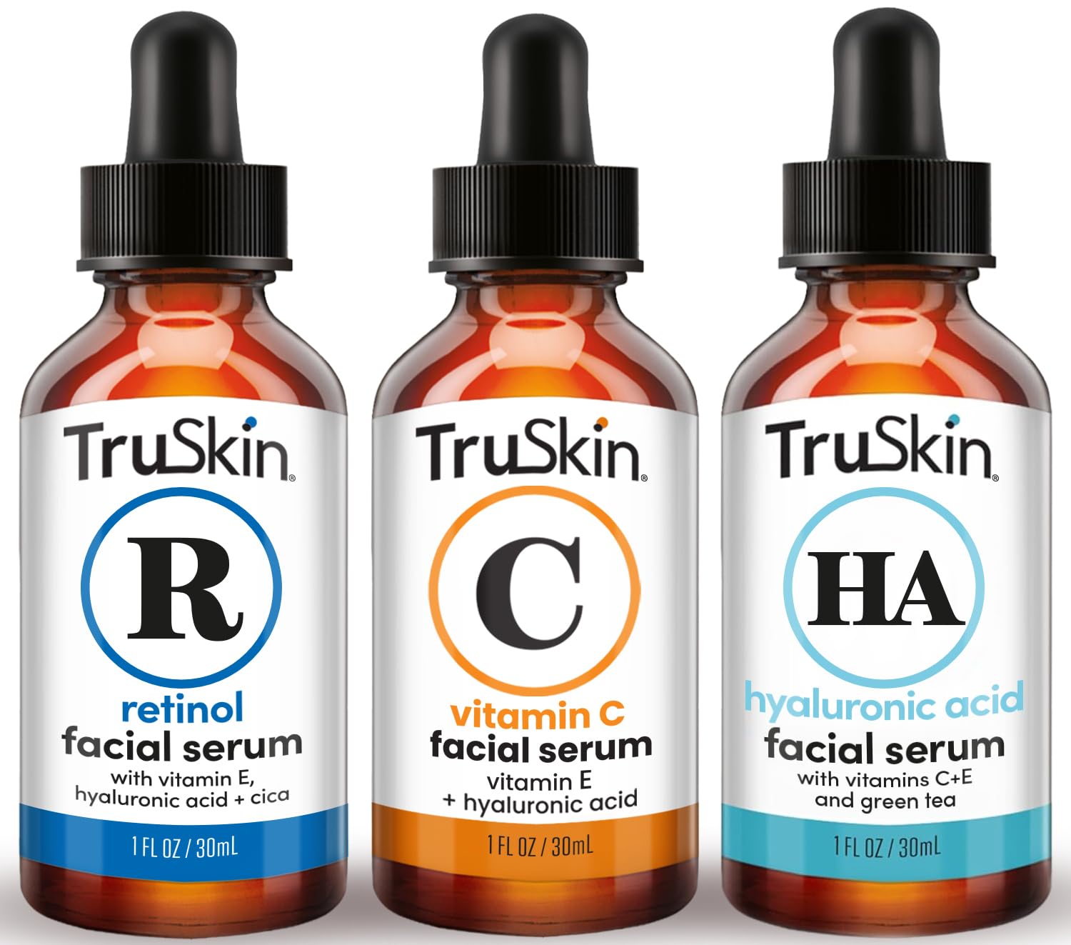TruSkin Face Serum Trio – Hyaluronic Acid, Vitamin C & Retinol Serum for Face – Anti Aging Skin Care Set for Women – Skincare for Bright, Smooth, Firm & Hydrated Skin, 1 fl oz, 3 Bottles