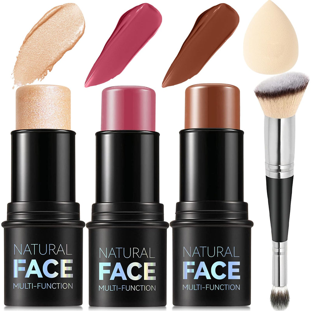 3Pcs Cream Contour Stick Makeup Kit, Shades with Highlighter Stick, Blush Stick and Bronzer Contour Stick for Sculpt the Cheeks, Long Lasting, Waterproof, Matte & Dewy Finish (LIGHT MEDIUM)