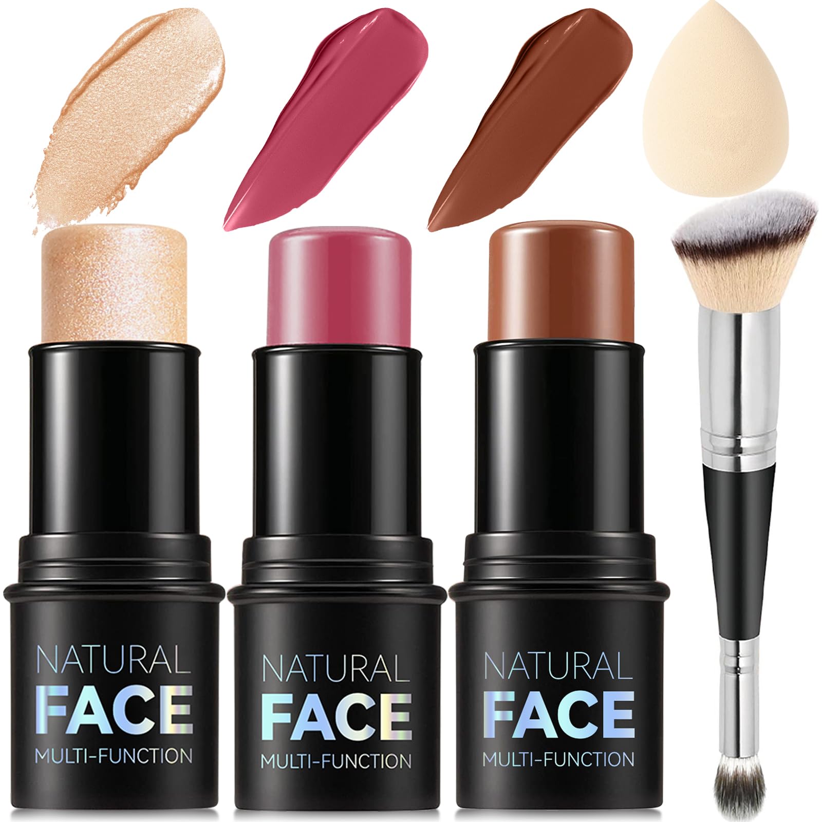 3Pcs Cream Contour Stick Makeup Kit, Shades with Highlighter Stick, Blush Stick and Bronzer Contour Stick for Sculpt the Cheeks, Long Lasting, Waterproof, Matte & Dewy Finish (LIGHT MEDIUM)