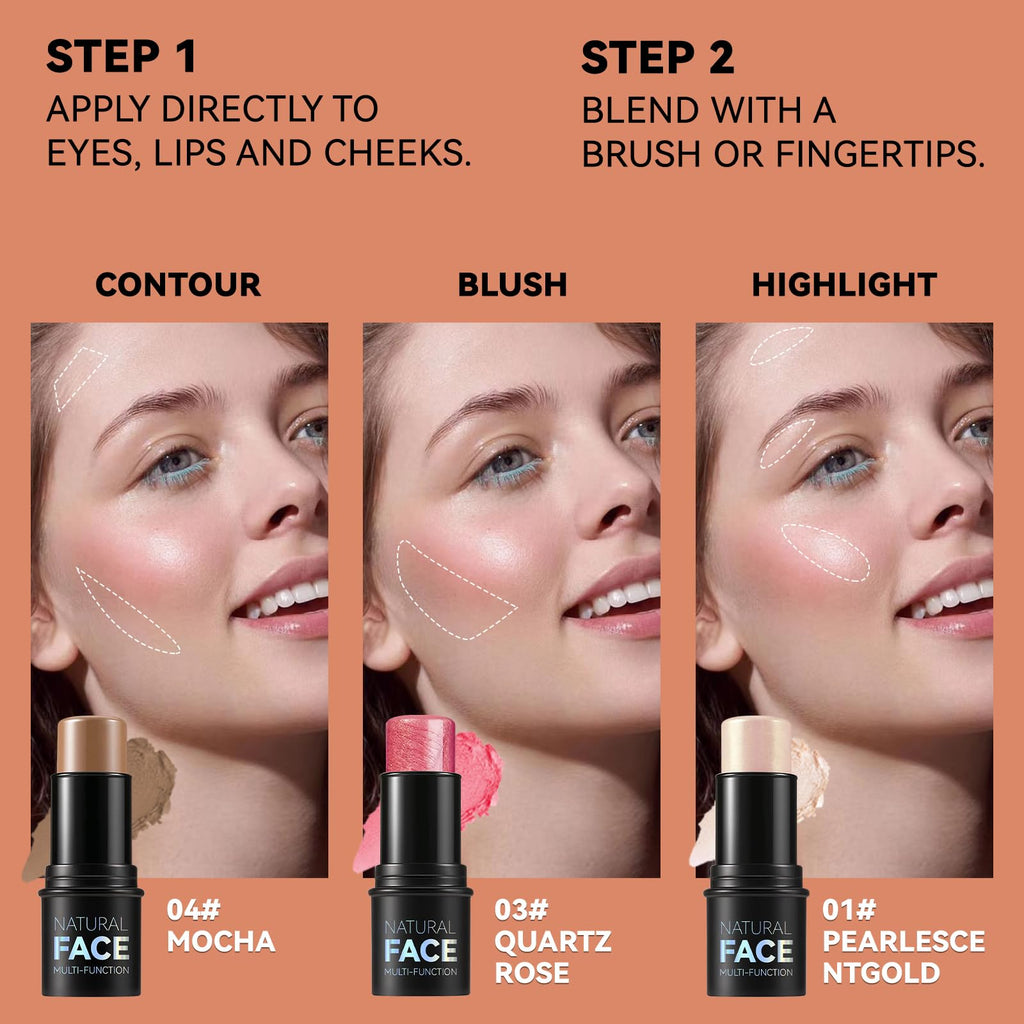 3Pcs Cream Contour Stick Makeup Kit, Shades with Highlighter Stick, Blush Stick and Bronzer Contour Stick for Sculpt the Cheeks, Long Lasting, Waterproof, Matte & Dewy Finish (LIGHT MEDIUM)