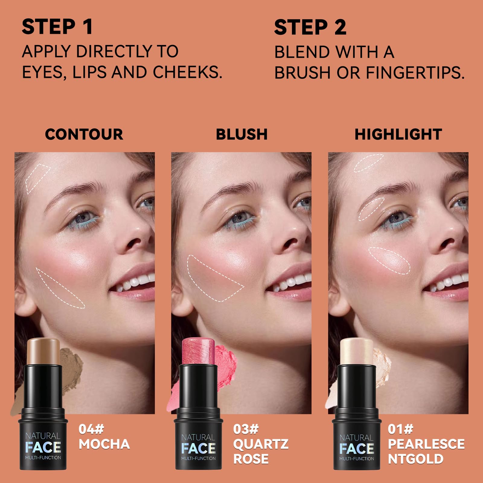 3Pcs Cream Contour Stick Makeup Kit, Shades with Highlighter Stick, Blush Stick and Bronzer Contour Stick for Sculpt the Cheeks, Long Lasting, Waterproof, Matte & Dewy Finish (LIGHT MEDIUM)