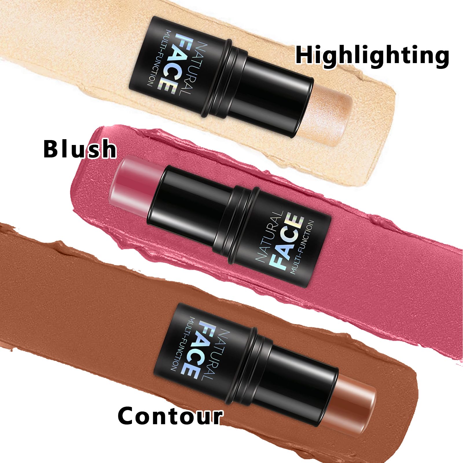 3Pcs Cream Contour Stick Makeup Kit, Shades with Highlighter Stick, Blush Stick and Bronzer Contour Stick for Sculpt the Cheeks, Long Lasting, Waterproof, Matte & Dewy Finish (LIGHT MEDIUM)