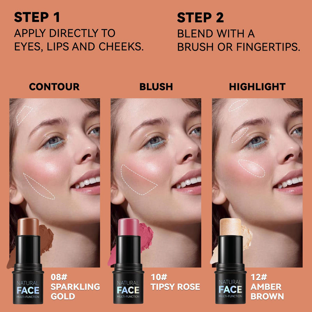 3Pcs Cream Contour Stick Makeup Kit, Shades with Highlighter Stick, Blush Stick and Bronzer Contour Stick for Sculpt the Cheeks, Long Lasting, Waterproof, Matte & Dewy Finish (LIGHT MEDIUM)