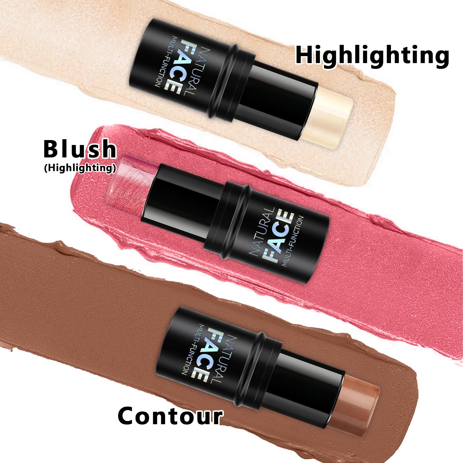 3Pcs Cream Contour Stick Makeup Kit, Shades with Highlighter Stick, Blush Stick and Bronzer Contour Stick for Sculpt the Cheeks, Long Lasting, Waterproof, Matte & Dewy Finish (LIGHT MEDIUM)